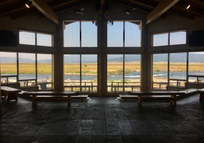 Open viewing gallery of the North Fork on the Payette River. Big floor to ceiling windows, benches